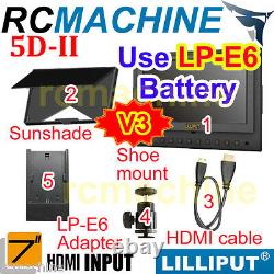 Lilliput 75D-II HDMI In LP-E6 adapter Camera Monitor Canon 5D2+shoe stand+cable